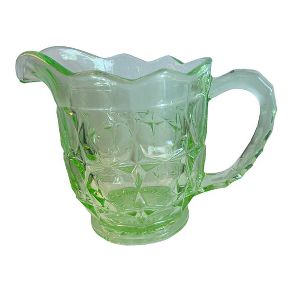 Uranium Green Vaseline Glass Pitcher Jug 5.5" Tall Blocked Pattern - Picture 2 of 8